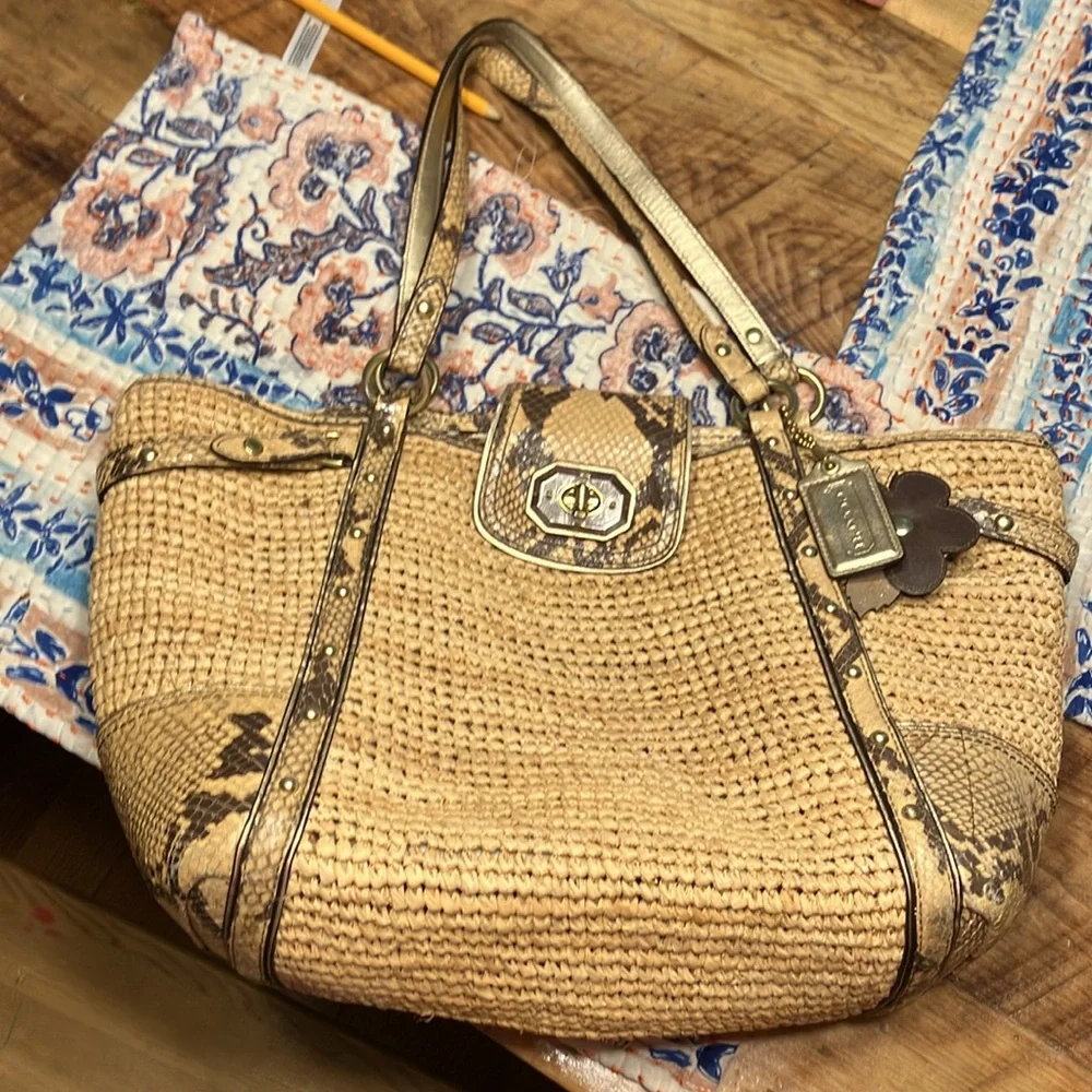 Coach straw Hampton tote python embossed leather trim Y2K beach bag EUC - Picture 2 of 11